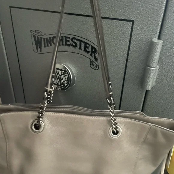 Coach Gray Leather Tote with Chain Handles and Turnlock - Picture 13 of 16